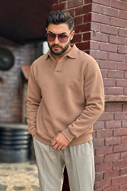 Men's Brown Polo Neck Cotton Soft Thick Fabric Oversize Sweatshirt
