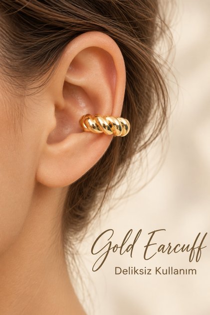Burgu Model Bombeli Earcuff Büyük Bombeli Kıkırdak Küpesi Gold Renkli
