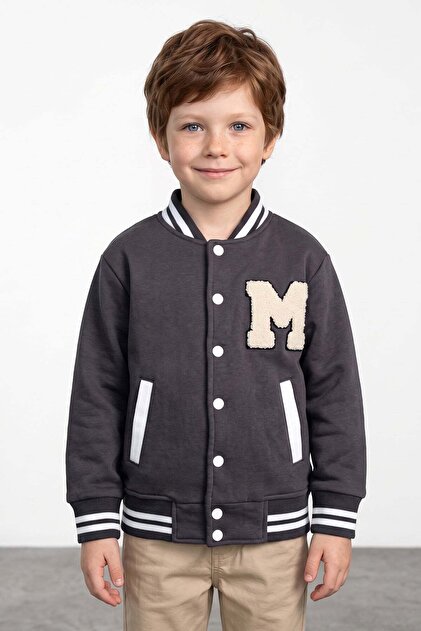Embroidered Stand Collar College Unisex Kids Jacket