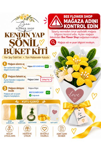 Sarı Lilyum Buketi Kendin Yap (DIY) Kiti | 65 Adet Şönil İçerir Hobi ve Hediye Seti