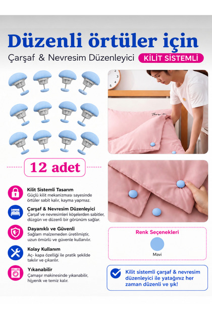 Pratik 12'li Mantar Şeklinde Yorgan Sabitleme Iğnesi Düğmeli Klips Çarşaf Yorgan Kılıfı Sabitleyici