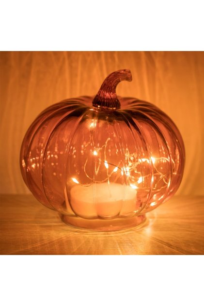 Dovleac Decorativ din Sticla Portocalie cu LED de Halloween 16x14.5cm
