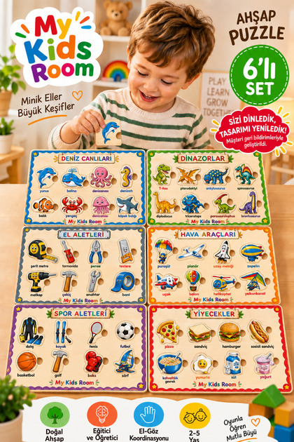 6-Piece Wooden Puzzle Set Educational Learning Find & Match Jigsaw Sea Creatures Dinosaurs Hand Tools Air Vehicles Sports Tools Food