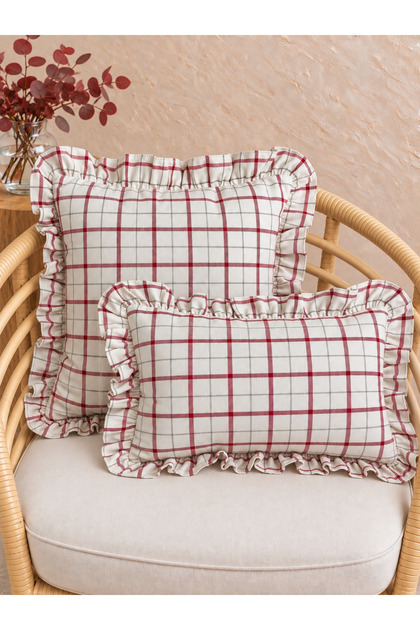Lina 100% Linen Ruffled Ecru Red Striped Throw Pillow Cover 1 Piece