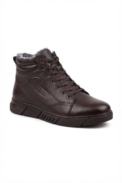 Men's Brown Genuine Leather Lace-Up Zippered High Sole Winter Casual Sports Boots with Fur Inside 457