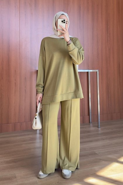 Kadın Oysh Modal Kumaş Oversize Tesettür Tunik Takım 2020 Oliv