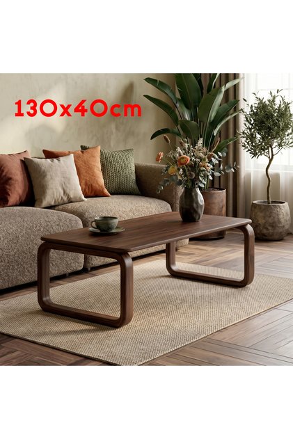 Masif Meşe Doğal Ahşap Orta Sehpa - Oval Ayaklı İskandinav Tasarım Salon Sehpası, Japandi, Ceviz Rengi, 130X40CM