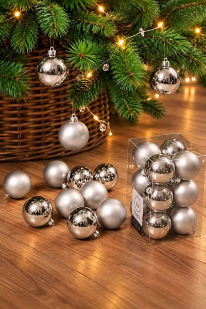 12 Adet Cici Top Gümüş Yılbaşı Çam Ağacı Süsü Dekor Süsleme Seti 3 Cm