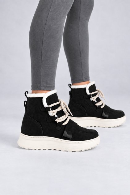 Women's Black Fur Detailed Rope Laced Thick Sole Suede Boots
