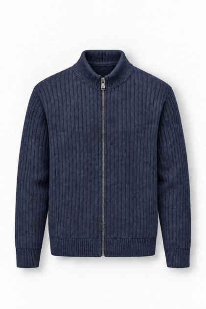 Marlow Anti-Peeling Anti-Pilling Ribbed Stand Collar Zippered Men's Knitwear Cardigan - Indigo