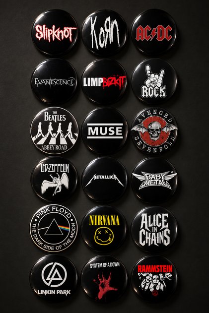 18'li Rock Metal Rozet Seti | Rammstein Metallica Nirvana Slipknot ve Rock Grubu Rozetleri