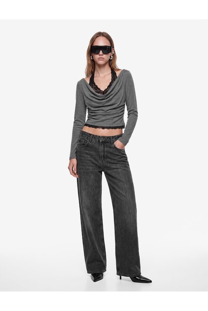 Viscose Blended Slim Fit Long Sleeve Lace Detailed Halter Neck T-Shirt