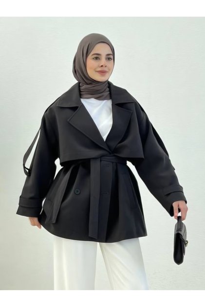 Kadın Standart Beden Koyu Kahverengi Kruvaze Yaka Kuşaklı Kısa Oversize Trençkot