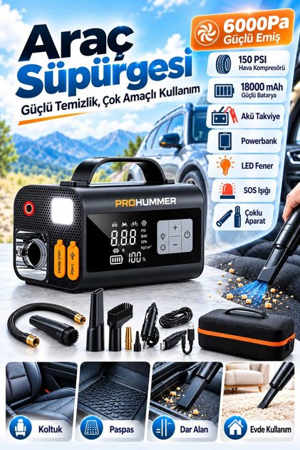 PHM0014 Şarjlı Araç Süpürgesi Güçlü Emiş 18000 mAh 10'u 1 Arada Kompresör Akü Takviye Powerbank