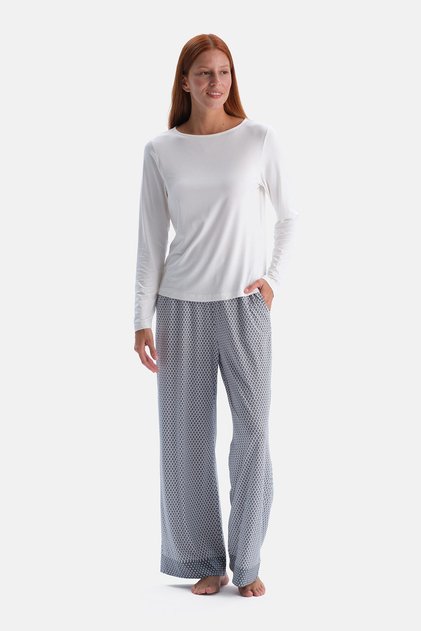 Set de pantaloni și tricou cu mânecă lungă, detaliu elastic, culoare ecru