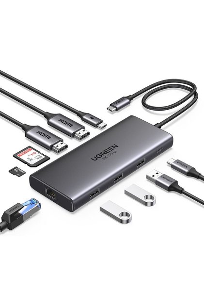 USB C Hub 10-in-1 Dual Monitor Docking Station with Dual HDMI 4K@60Hz Single 8KGray