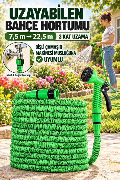 3 Kat Uzayan 7.5 Metre- 22.5 Metre Bahçe Sulama Hortumu-7 Fonksiyonlu Sprey Başlık Seti