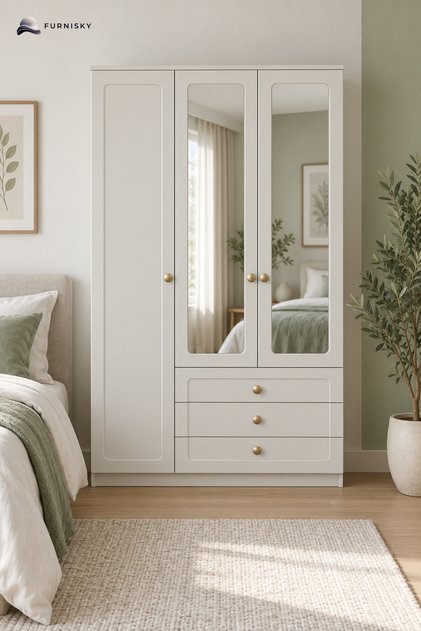 Mira Aynalı Gardırop 3 Kapılı Elbise Dolabı Raflı Askılıklı - %100 MDF - 114 cm - Aytaşı