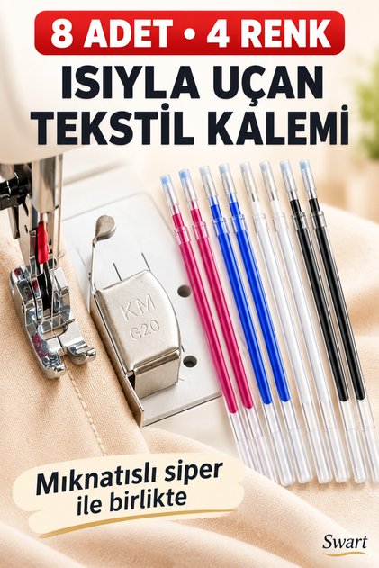 SİNGER PFAFF 8 ADET 4 RENK ISI İLE UÇAN TEKSTİL KALEMİ VE KUMAŞ HİZALAMA MIKNATISLI SİPER SETİ
