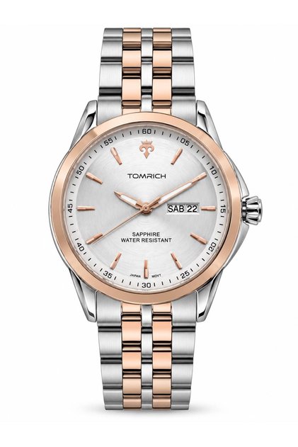 REGENT TRS9038 Men’s Analog Watch, White Dial, Day-Date Display, Sapphire Glass, Rose Gold & Silver Stainless Steel Bracelet, 3 ATM Water Resistant