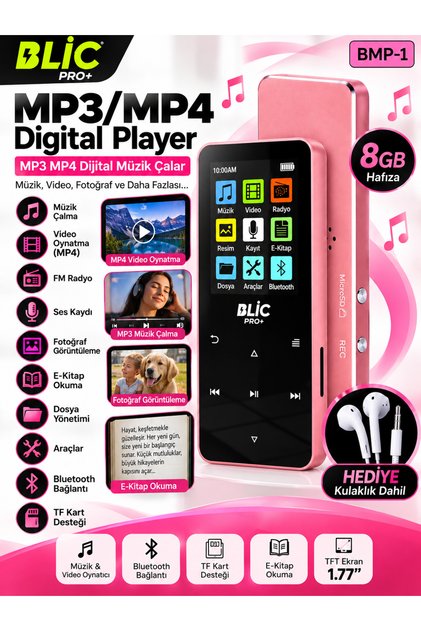 BMP-1 8GB MP3 MP4 Dijital Müzik Video Çalar Bluetooth FM Radyo TFT Ekran