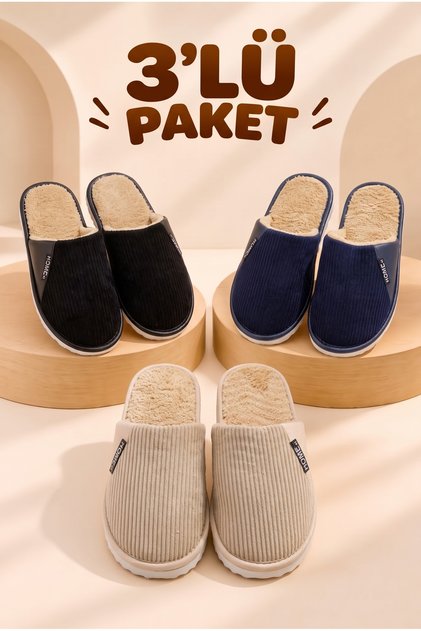 Advantageous 3-Piece Package Winter Men's House Slippers Patterned Silent Orthopedic Sole Dowry Guest House Slippers Set