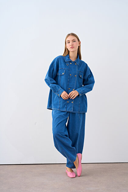 Women's Double Pocket Look Collar Snap Fastener Slim Denim Suit Blue