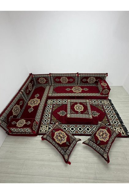 Güneş Modeli Bordo Otantik Şark Köşesi Takımı – L SET - Geleneksel Yer Minderi Seti (10 Cm Minder Kalınlığı) 13 Parça