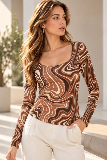 Women's Brown Cream Patterned Square Collar Lined Long Sleeve Viscose Elastane Blouse
