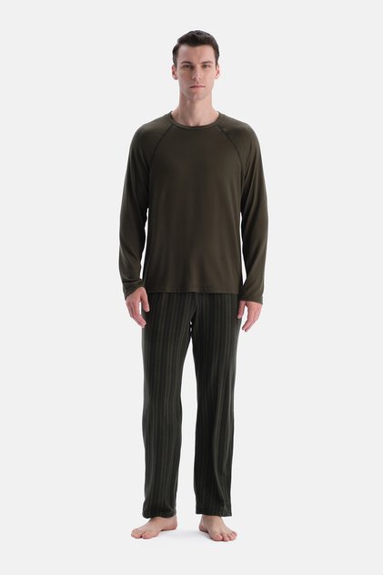 Khaki Raglan Sleeve Thermal T-Shirt Pants Set
