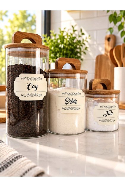 Set of 3 Acacia Lid Labeled Glass Jars 1300/950/550 ml Tea-Sugar-Coffee-Salt Storage Container