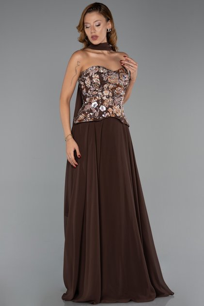 Kahve Payetli Straplez Yaka Peplum Uzun Şifon Abiye ABU6391