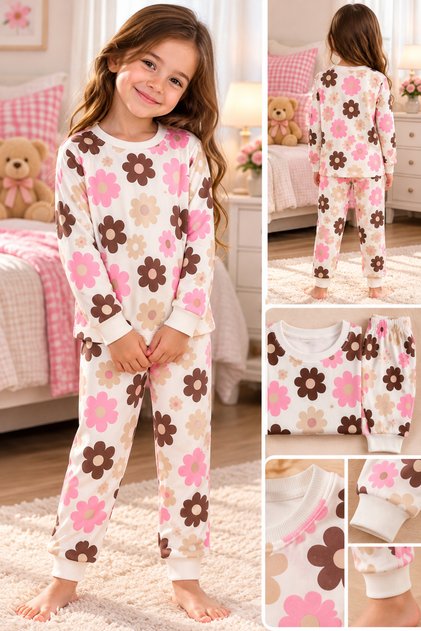 Kız Çocuk Çiçek Desenli Mevsimlik Pijama Takımı – Pembe