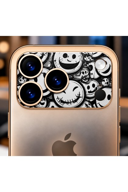 iPhone 17 Pro Max & 18 Pro Max Kamera Stickerı Siyah Beyaz Karikatür Desenli Kamera Arkası Kaplama 2'li