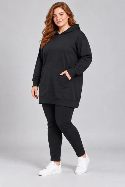 Women's Plus Size Black Hooded Long Sweatshirt with Kangaroo Pocket Hzl28S-Rzb209