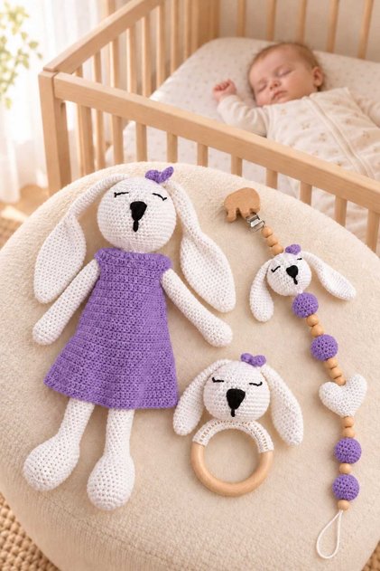 Organik ipten El Örgüsü Amigurumi Tavşan 3lü Bebek Seti - Elbiseli Amigurumi Tavşan Çıngıraklı Ahşap Diş Kaşıyıcı Ve Emzik Zinciri