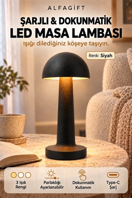 Şarjlı Dokunmatik LED Mantar Masa Lambası 3 Işık Tonlu Dimmerli Type-C Kablosuz Abajur Gece Lambası