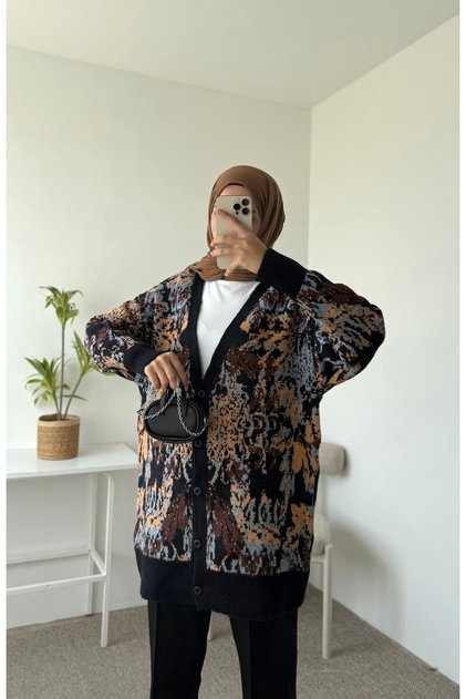 Batik Desen V Yaka Uzun Hırka - Siyah & Mavi