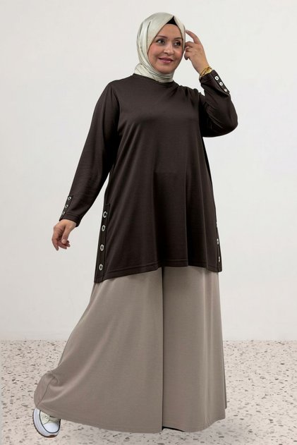 68107 Plus Size Modal Tunic with Eyelet Detail on Sleeves and Sides - Brown