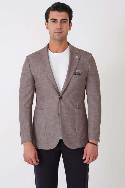 Slim Fit Double Slit Pocket Woolen Tobacco Color Jacket C 752