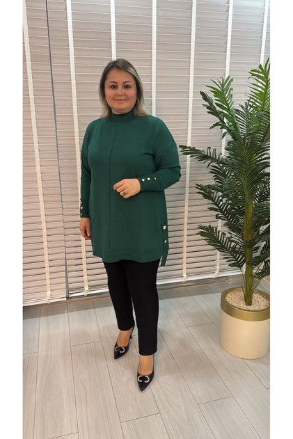 Kadın Büyük Beden Yarım Balıkçı Yaka Kol Düğme Detaylı Triko Tunik Oversize Dökümlü Kazak