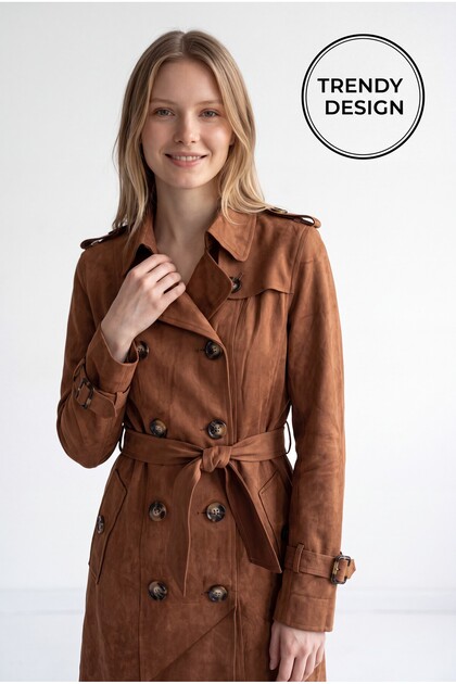 Trenci de Damă cu Cordon din Material Tip Piele Întoarsă, Stil Office-Elegant cu Două Rânduri de Nasturi