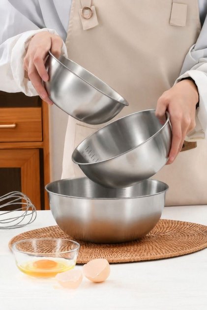 3 lü Çelik 17-19-25 cm Ölçülü Yuvarlak Hamur Yoğurma Salata Karıştırma Kasesi Mutfak Kabı