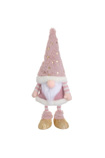 Figurina decorativa gnome de Craciun, rochie roz cu dungi si caciula pufoasa, cu miscare
