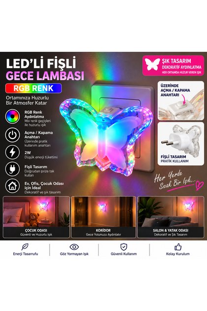 LED Fişli Gece Lambası 2W Kelebek Tasarım Mix RGB Renkli Açma Kapama Anahtarlı Dekoratif Işık