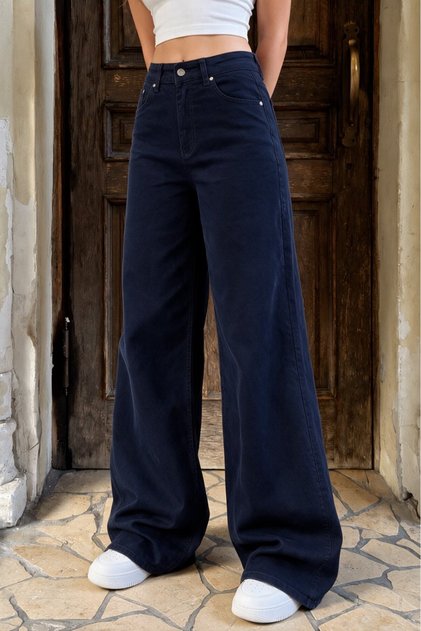 Koyu Lacivert High Waist Wide Leg Bol Paça Jean