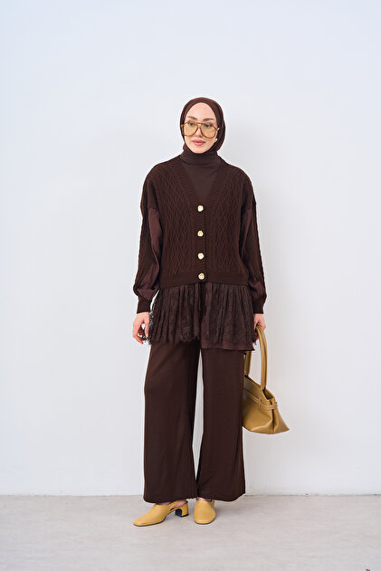 Women's Lace Detailed Gold Buttoned Knitwear Set Brown