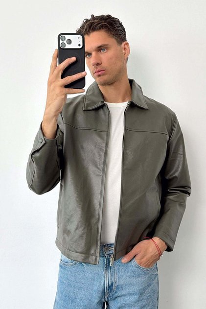Men's Shirt Collar Double Pocket Zippered Leather Jacket Khaki - 2410