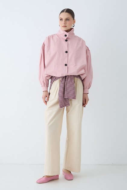 Women's Stand Collar Buttoned Elastic Short Coat with Gathered Detail - Pink