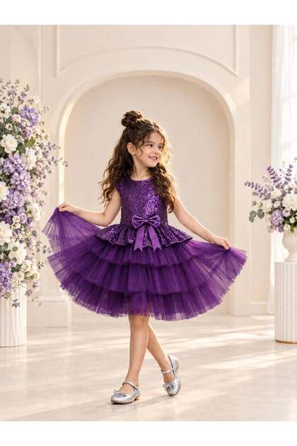 Girls' Peplum Flounce Tulle Ball Gown - Sequined Bow Detail Puffy Birthday Dress